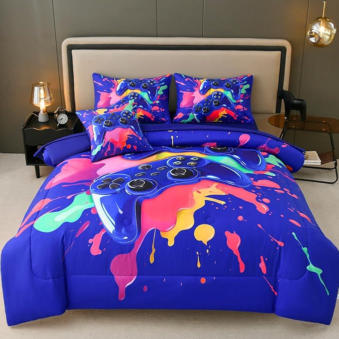 Gamer Comforter Set for Boys Kids, 6 Pcs Bed in a Bag Game Controller Boys Bediing Set Twin Size for All Season