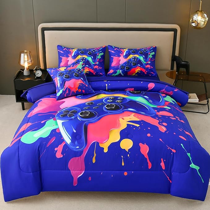 Full Size Gamer Comforter Set for Boys, Game Controller 6 Pcs Bed in a Bag Full Gaming Bediing Set for Boys Kids
