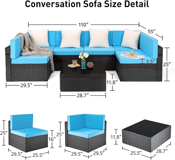 Pamapic 8 Pieces Patio Conversation Sets with fire Pit, Patio Furniture Sectional Sofa with Gas Fire Pit Table(Black Wicker,Blue Cushions)