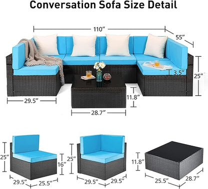 Pamapic 8 Pieces Patio Conversation Sets with fire Pit, Patio Furniture Sectional Sofa with Gas Fire Pit Table(Black Wicker,Blue Cushions)