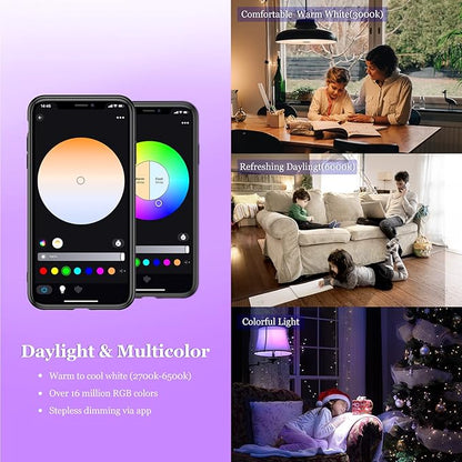 Smart Light Bulb, WiFi & Bluetooth 5.0, A19 E26 800LM Color Changing Light Bulb, Warm to Cool White, Dimmable LED Lights, App Control, UL Listed, No Hub Required, Works with Alexa Google Home