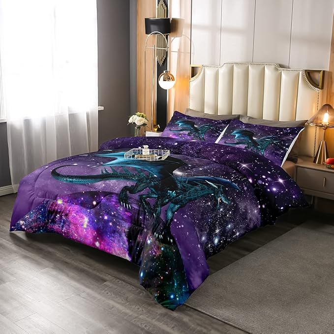Erosebridal Dragon Bedding Set Purple Nebula Comforter Set Queen Size Mysterious Outer Space Duvet Set Trippy Bedding Set for Kids Boys Girls Teens Room Decor, Safari Wildlife Animals Quilt Set