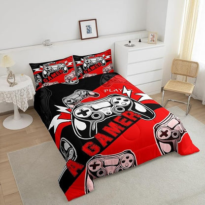 Erosebridal Twin Comforter Set for Boys Girls Kids,Gamer Comforter Sets for Boys Teens Video Game Bedding Set,Gaming Console Comforter Bedroom Decor Red Black 2Pcs