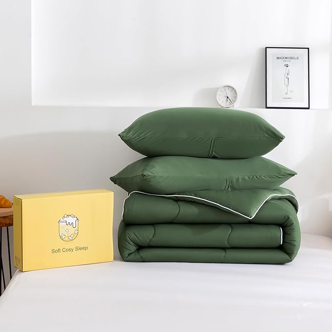 COTTEBED 2 Pieces Ultra-Soft Olive Green Twin XL Bedding Comforter Set, Twin Size Jersey Knit T-Shirt Feel Cozy Cute Lightweight Quilt Blanket for Kid Teens School College Dorm All Season Use 68"x92"