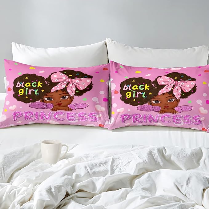 Black Girl Comforter Set Queen, Black African American Girls Queen Comforter Sets, Pretty Pink Princess Queen Comforter Set for Girls Bedroom Decor, Queen (1 Comforter 2 Pillowcases)