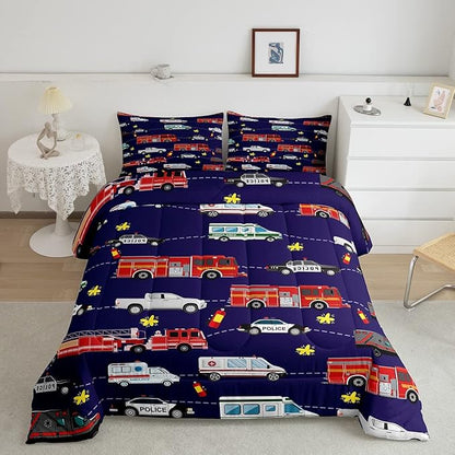 Feelyou Fire Truck Bedding Bed Set Police Car Comforter Set for Kids Boys Girls Teens Decor Engine Ambulance Cute Comforter Emergency Vehicle Blue Soft Quilt Room 3Pcs Queen Size Boys