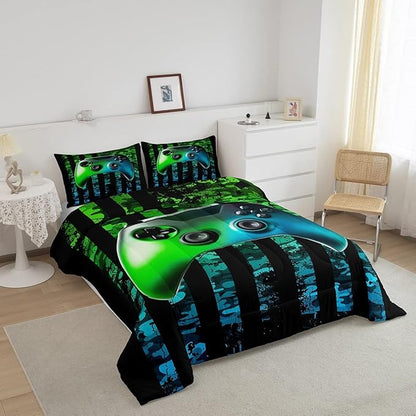Gamer Comforter Set King Kids Boys Teens USA Flag Stars Down Comforter Gaming Comforter Gamer Room Decor Camo Video Game Bedding Set, Gamepad Console Duvet, Youth Young Man Quilt, Grunge Style