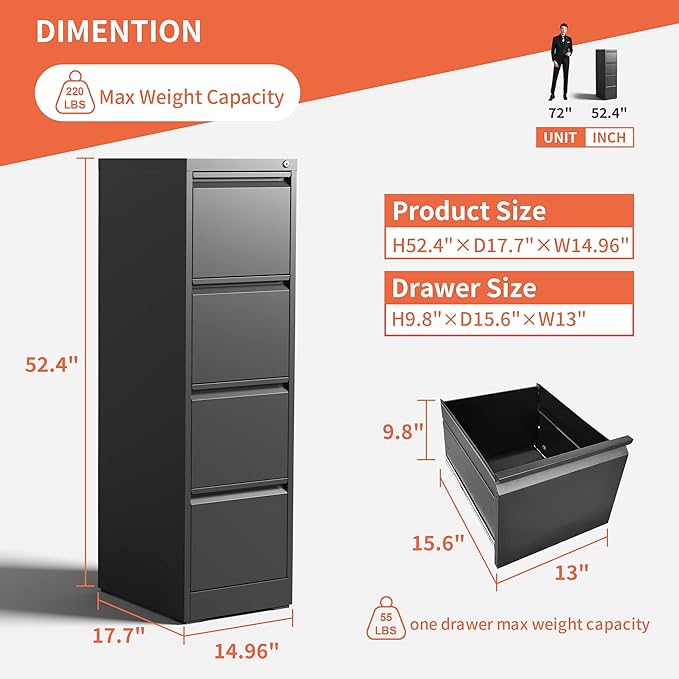 4 Drawer File Cabinet,Metal Filing Cabinets with Lock,Black Vertical File Cabinet for Home Office,Heavy Duty Metal Storage Cabinet for A4/Letter/Legal Size File,Assembly Required