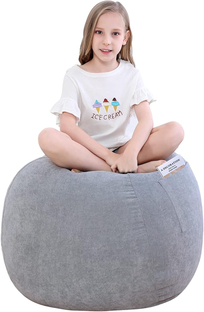 Stuffed Animal Storage Bean Bag Chair Cover (No Filler) for Kids and Adults.Soft Premium Corduroy Stuffable Beanbags for Organizing Children Plush Toys or Memory Foam Small 100L (Grey)