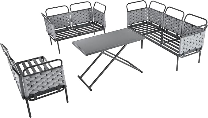 5-Piece Woven Rope Outdoor Patio Furniture Sets, L-shaped Conversation Sectional Sofa with Loveseat, Corner Couch, Glass Table and Removable Cushions, for Garden Backyard, Onesize, Gray+Beige