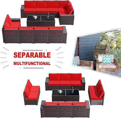Kullavik 12PCS Outdoor Patio Furniture Set PE Wicker Rattan Sectional Sofa Patio Conversation Sets,Red