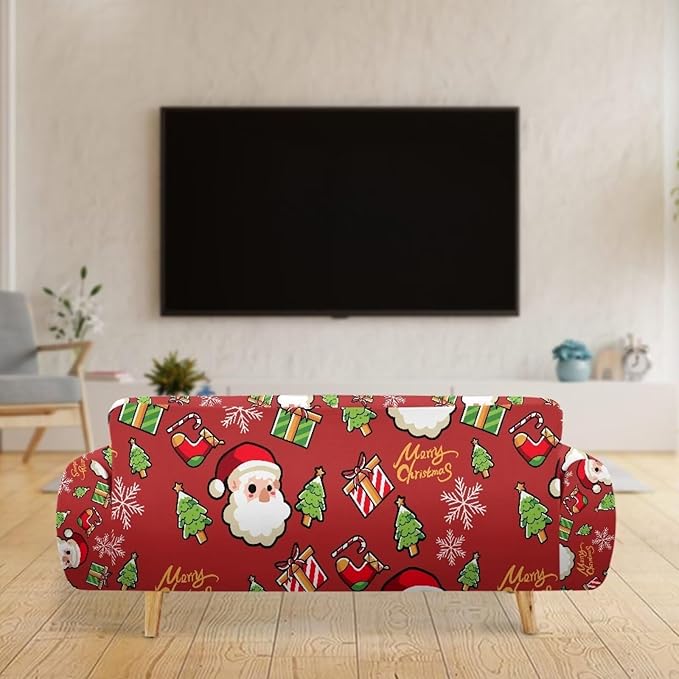 FKELYI Christmas Decor Red Sofa Slipcover for Living Room Santa Claus Sofa Couch Cover with Elastic Bottom Non-Slip Furniture Protector XL