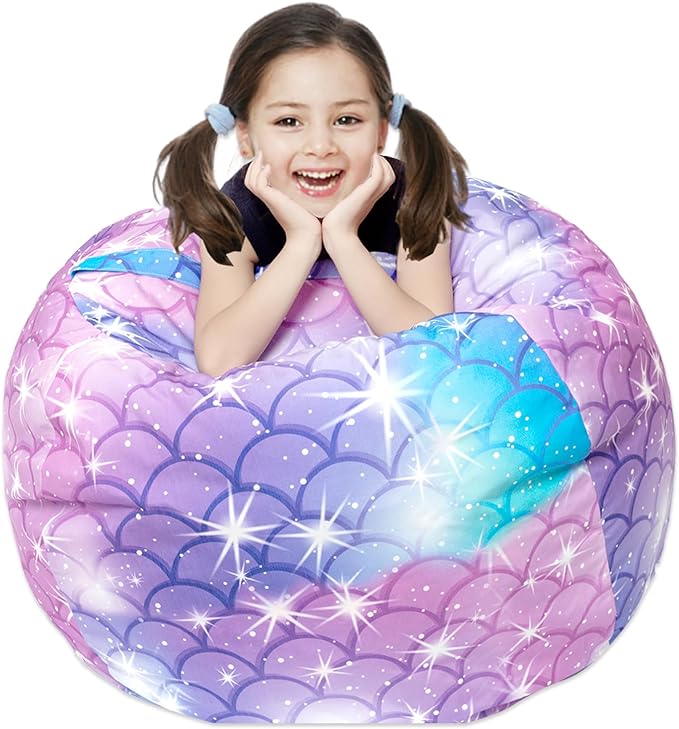 Stuffed Animal Storage Bean Bag Chair Cover, Hold Kids Plush Toys Blankets Towels Beanbag (Cover Only), Floor Circle Stuff Sit Seat Sofa with YKK Zipper, Extra Large 38", Classic Mermaid
