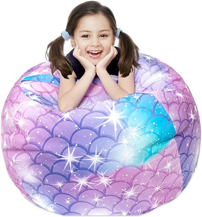 Stuffed Animal Storage Bean Bag Chair Cover, Hold Kids Plush Toys Blankets Towels Beanbag (Cover Only), Floor Circle Stuff Sit Seat Sofa with YKK Zipper, Extra Large 38", Classic Mermaid