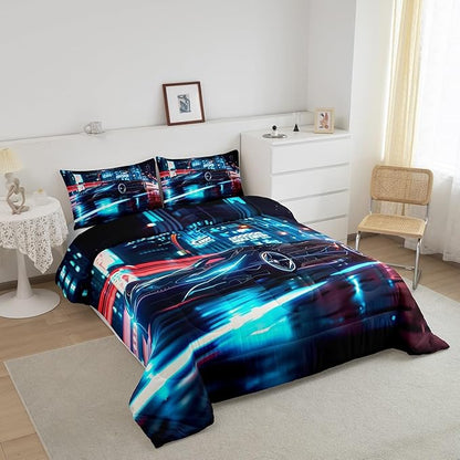 Feelyou City Racing Car Bedding Set Full Size for Kids Boys Extreme Sport Games Comforter Set Teens Toddler Fast and Furious Duvet Set Cool Modern Quilt Set 3Pcs