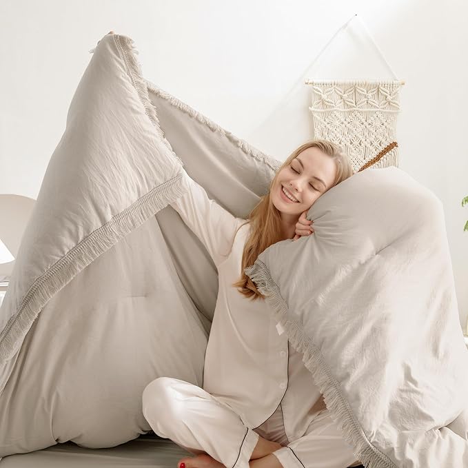 Andency Oatmeal Comforter Set Full Size, 3 Pieces Boho Tassel Lightweight Bedding Comforter Sets, All Season Soft Fluffy Fringe Bed Set (79x90In Comforter & 2 Pillowcases)