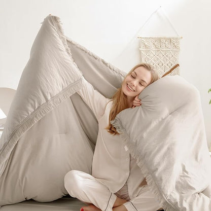 Andency Oatmeal Comforter Set Full Size, 3 Pieces Boho Tassel Lightweight Bedding Comforter Sets, All Season Soft Fluffy Fringe Bed Set (79x90In Comforter & 2 Pillowcases)