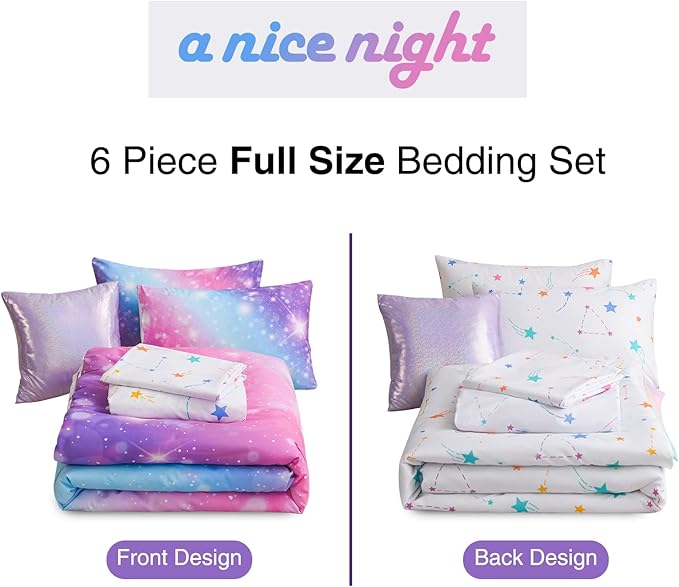 A Nice Night 6Pcs Gradient Glitter Bedding Set for Girls Full Size, Colorful Rainbow Galaxy Comforter Set, Ultra Soft Bedding Sets, Purple