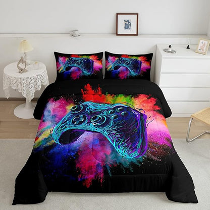 Erosebridal Boys Gaming Bed Comforter Set Queen Size,Kids Gamer Bedding Sets Girls,Colorful Tie Dye Video Game Quilt Comforter Navy Blue Gamepad Lightweight Bedding Set 1 Comforter with 2 Pillowcases
