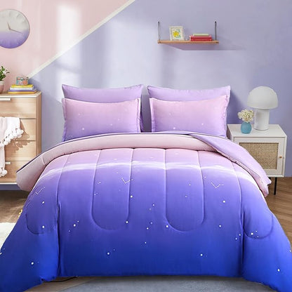 Dinjoy Girls Comforter Set Queen Size Colorful Rainbow Ombre Purple Lavender Pink Bedding Set Gradient 7 Pieces Bed in A Bag for Kids Teen Girl Women(1 Comforter, 1 Flat Sheet, 1 Fitted Sheet)