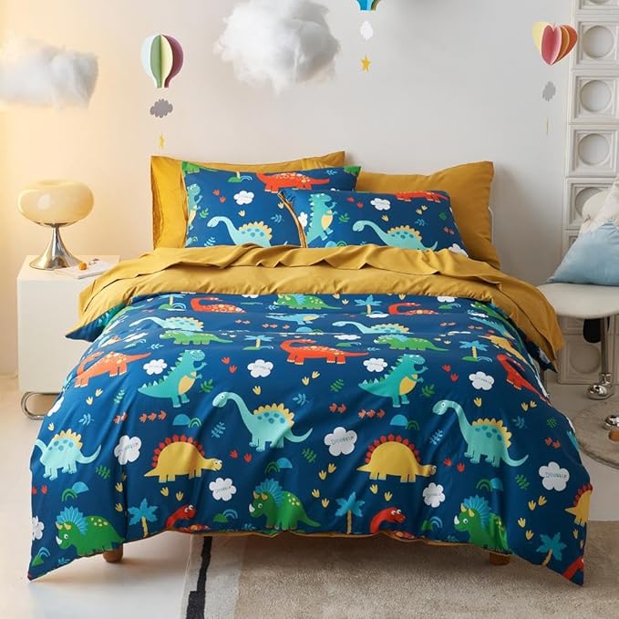 Wake In Cloud - Dinosaur Bedding Set for Boys, Cute Colorful Dinosaur Comforter Set with Sheets, 5 Pieces Kids Bed in a Bag, Navy Blue, Twin Size