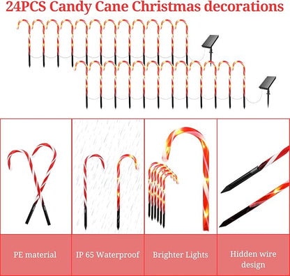 24-Pack Upgraded Solar Christmas Candy Cane Lights, Solar Pathway Lights Waterproof, Christmas Decorations Outdoor with 8 Modes for Party Patio Garden Lawn Yard Decor