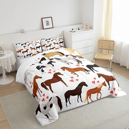 Erosebridal Kawaii Comforter Horse Comforter Set King Farm Bedding Set Kids Boys Girls Cute Animal Duvet Set Cartoon Horses with Pink Lover Heart Bedroom Decor Duvet Set Cowboy Cowgirls Comforter Set