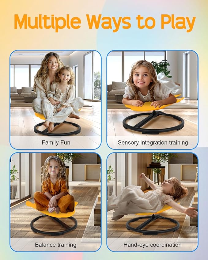 Kids Swivel Chair, Kids Spinning Chair Yellow Sensory Products Wobble Chair Metal Base Non-Slip Seat and Spin Chair for Autism Child Body Coordination Training Age 2-10