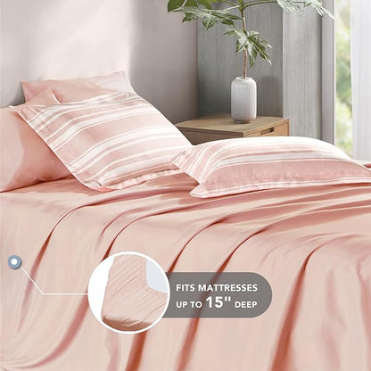Codi Teen Girl Bedding Full Size, Pink Striped Bed in a Bag Reversible All Season Bed Set, 7 Piece Comforter Set with 2 Pillow Shams, Flat Sheet, Fitted Sheet and 2 Pillowcases