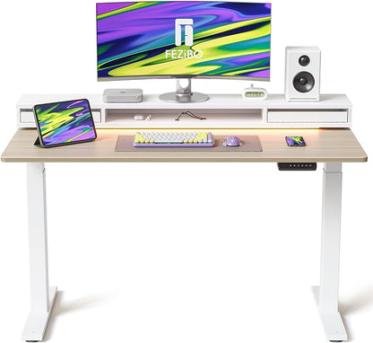 FEZIBO 55 × 26 Inch Electric Standing Desk with Monitor Stand, Height Adjustable Table with LED Strips, Ergonomic Home Office Desk with 2 Drawers Storage Gaming Workstation, Light Walnut