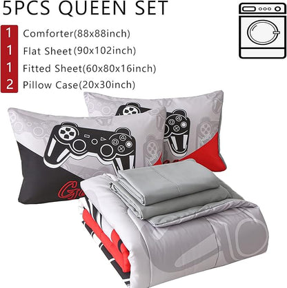 KAKKI 5 Piece Boys Queen Gamer Comforter Set with Sheets, 3D Colorful Video Game Controller Comforter for Kids Teen, All Season Soft Microfiber Gaming Bedding Set(Red,Queen)