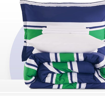 SLEEP ZONE Kids Rugby Twin Bedding Comforter Set - Super Cute & Soft Kids Bedding 5 Pieces Set with Comforter, Sheet, Pillowcase & Sham (Rugby Stripe Navy/Green)