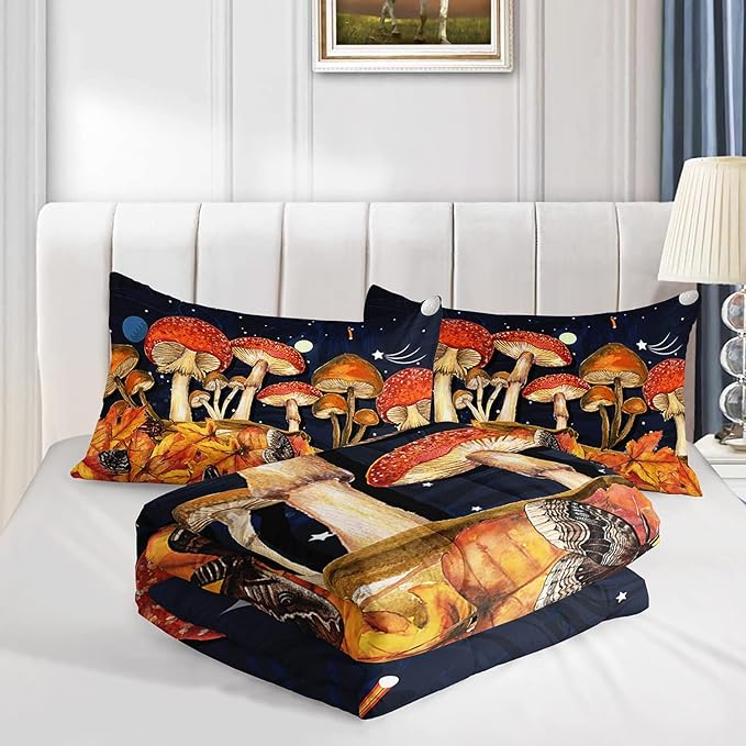 Galaxy Mushroom Comforter Set Queen Size Kids Mushroom Butterfly Bedding Set Leaves Quilt Bed Set for Boys Girls Adults with 1 Comforter and 2 Pillowcases