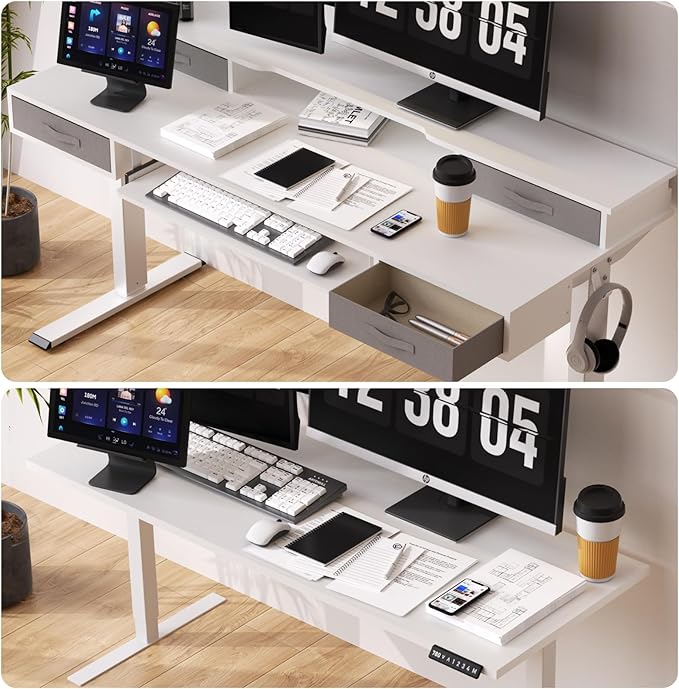 Electric Standing Desk, Multifunctional Standing Desk Adjustable Height, 55 * 24 Standing Desk with 4 Drawers, Ergonomic Adjustable Standing Desk with Keyboard Tray, Snow White