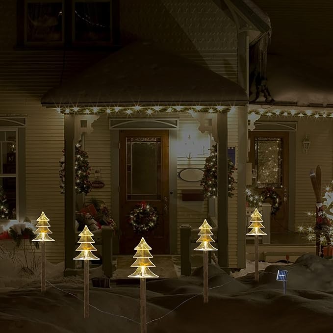 BRIGHTDECK Solar Christmas Pathway Lights Outdoor Decorations, Xmas Tree Lights Waterproof Led Garden Stake Lights for Walkway Yard Lawn Porch Holiday Decor 5-Pack (Xmas Tree Lights)