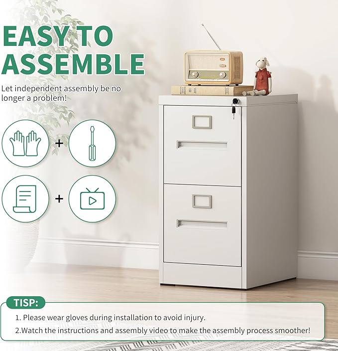 2 Drawer File Cabinet,Metal Filing Cabinets with Lock,White Vertical File Cabinet for Home Office,Heavy Duty Metal Storage Cabinet for A4/Letter/Legal Size File,Assembly Required