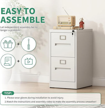 2 Drawer File Cabinet,Metal Filing Cabinets with Lock,White Vertical File Cabinet for Home Office,Heavy Duty Metal Storage Cabinet for A4/Letter/Legal Size File,Assembly Required