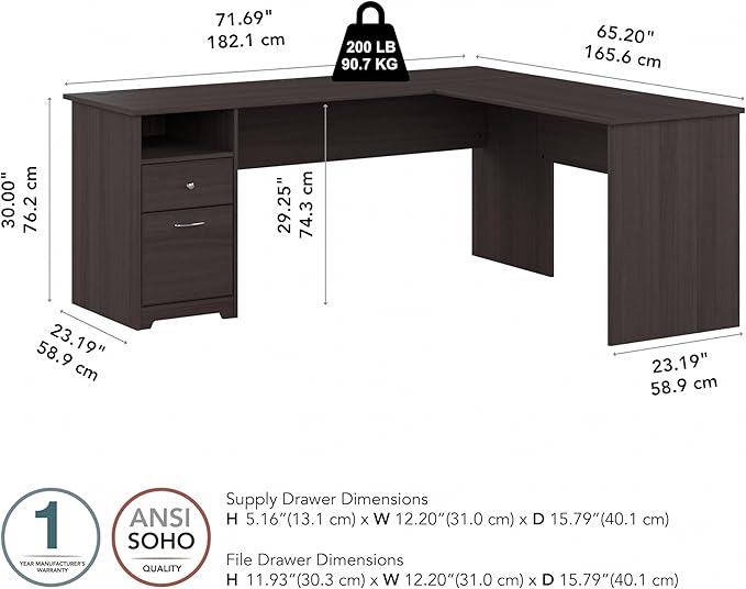 Bush Furniture L Shaped Desk with Drawers for Executive and Home Office | Cabot Collection Corner Table with Storage and Chrome Hardware | 72Wx23DX42W Return