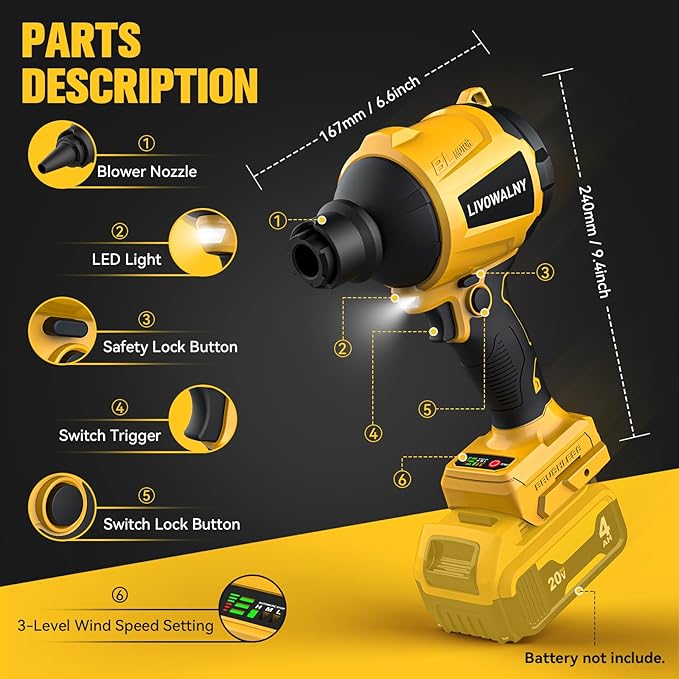 LIVOWALNY Cordless Dust Blower for Dewalt 20V Battery, Leaf Blower Brushless Handheld Blower Sawdust Blower 447 MPH/39 CFM for Garages, Sawmill Room, Workshop Cleaning, Home Improvement (No Battery)