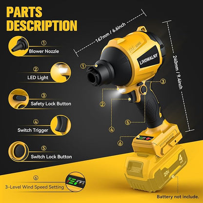 LIVOWALNY Cordless Dust Blower for Dewalt 20V Battery, Leaf Blower Brushless Handheld Blower Sawdust Blower 447 MPH/39 CFM for Garages, Sawmill Room, Workshop Cleaning, Home Improvement (No Battery)
