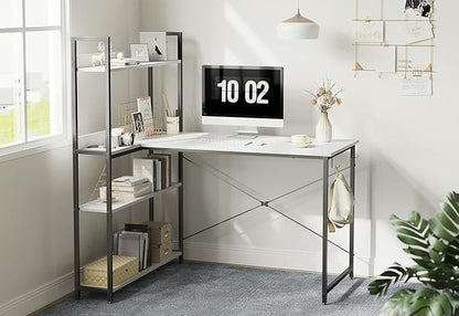 BANTI Computer Corner Desk with Storage Shelves, 55 Inch Small L Shaped Computer Desk, Home Office Writing Desk with 2 Hooks, White