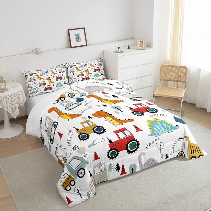 Feelyou Construction Comforter Set Kids Cartoon Dinosaur Comforter Cover Set for Boys Equipment Trucks Bedding Set Construction Vehicles Kawaii Jungle Dino Duvet Set Room Decor Quilt Set Twin Size