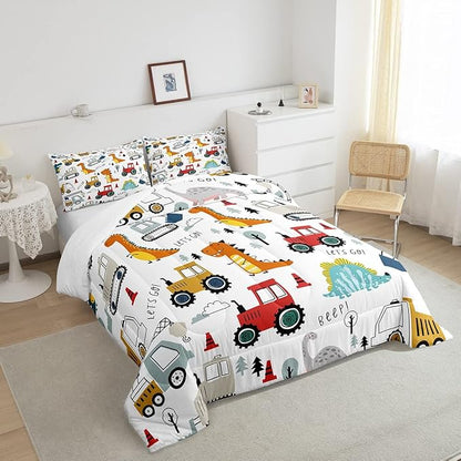 Feelyou Construction Comforter Set Kids Cartoon Dinosaur Comforter Cover Set for Boys Equipment Trucks Bedding Set Construction Vehicles Kawaii Jungle Dino Duvet Set Room Decor Quilt Set Twin Size
