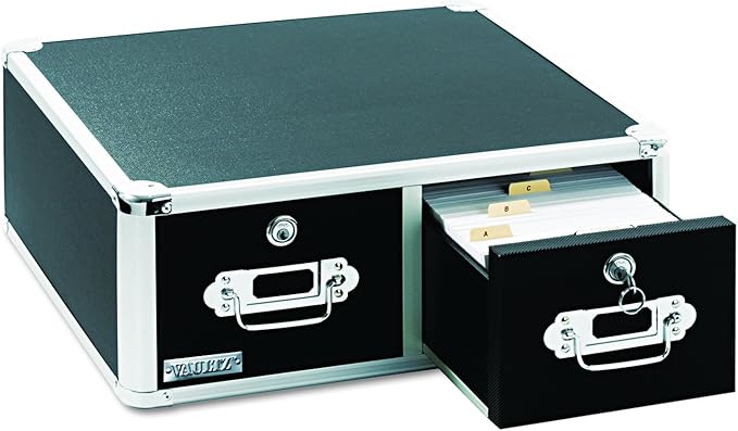 Vaultz® Locking Index Card Cabinet for 4" x 6" Cards, 2-Drawer, 6 3/4" H x 14" W x 16" D, Black