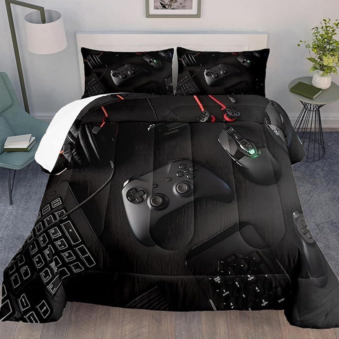 Gamer Comforter Set Twin Size for Boys Kids 3D Gaming Microfiber Quilts Black Video Game Bedding Sets Room Decor Gaming Bedding Set All Season for Game Lovers(Color 1,Twin)