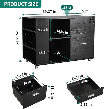 YITAHOME Mobile Wood File Cabinet, 3 Drawer Lateral Filing Cabinet, Black