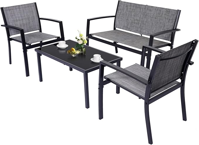 4 Pieces Patio Furniture Set Outdoor Garden Patio Conversation Sets Poolside Lawn Chairs with Tempered Glass Coffee Table Loveseat Porch Furniture Textilene Fabric Grey