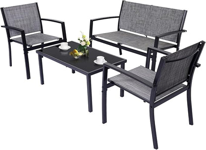 4 Pieces Patio Furniture Set Outdoor Garden Patio Conversation Sets Poolside Lawn Chairs with Tempered Glass Coffee Table Loveseat Porch Furniture Textilene Fabric Grey