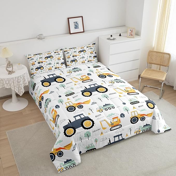 Cartoon Cars Kids Comforter Set Tractor Boys Comforter Cute Excavator Decor Kawaii Soft Bedding Set Cartoon Trees Cars Colorful All Season Quilt Room 3Pcs Full Size Boys