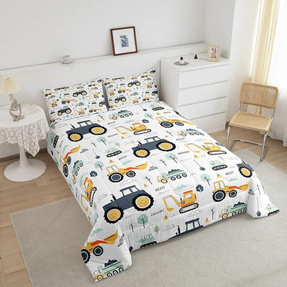 Feelyou Cartoon Cars Kids Comforter Set Tractor Boys Comforter Cute Excavator Decor Kawaii Soft Bedding Set Cartoon Trees Cars Colorful All Season Quilt Room 2Pcs Twin Size Boys